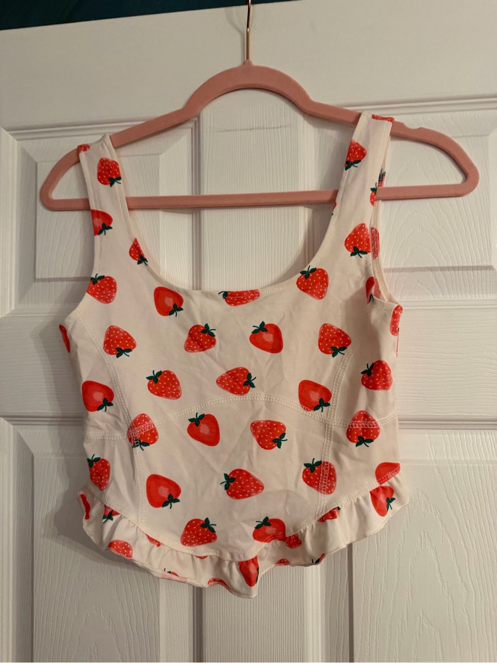 Strawberry Print Crop Tank Top - Cream & Red